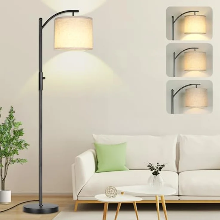 ROTTOGOON Dimmbare Stehleuchte Bogen Stehlampen für Wohnzimmer Stufenlos Dimmbare Moderne Stehlampe mit Leinenschirm Hohe Lampe für Schlafzimmer Büro Esszimmer- Schwarz – Bild 1
