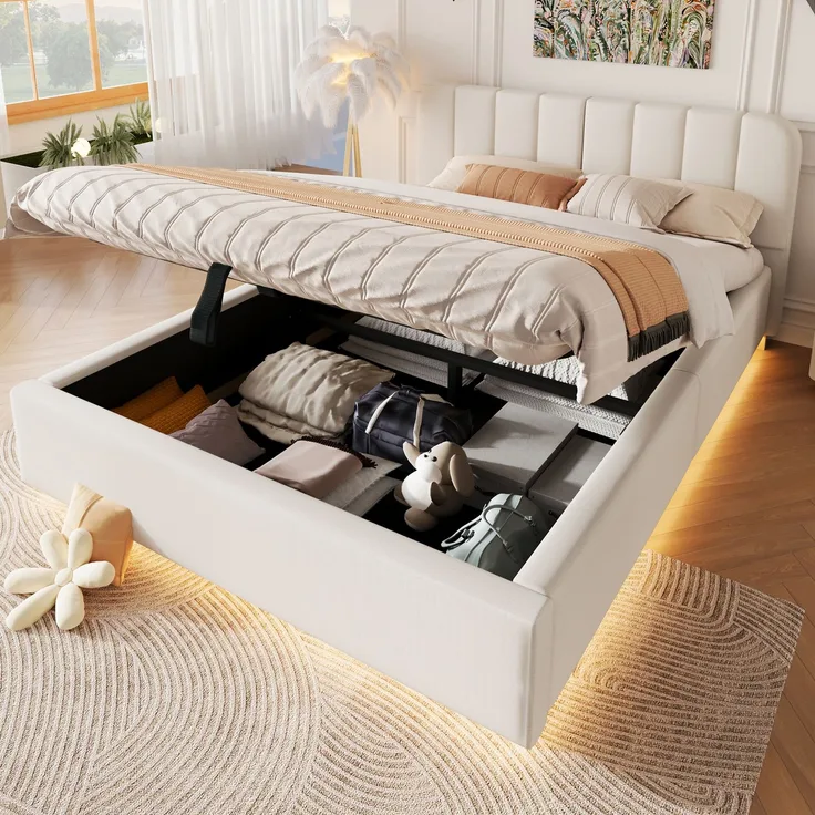 Polsterbett, Doppelbett, 140 x 200 cm, Bett mit Lattenrost, Kopfteil,Gepolstertes Kopfteil,Hydraulische Lagerung, Mit LED-Lichtleiste, Ohne Matratze, Hellgrau Chenille