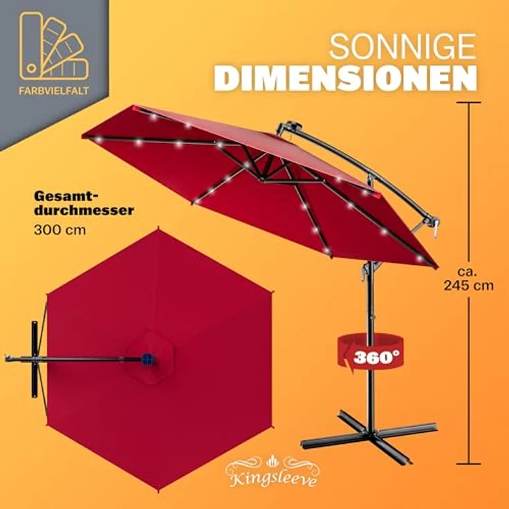 Kingsleeve Sonnenschirm 300 cm LED Beleuchtet UV Schutz 80+ Schutzhülle Kurbel Ampelschirm Rot – Bild 4