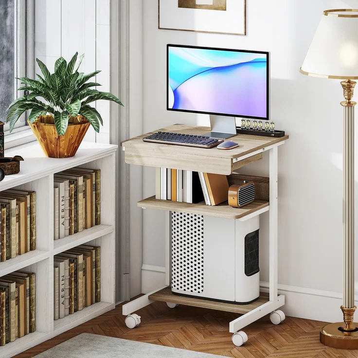 MELAYR, Rollbarer Computertisch, Tisch mit Stauraum, 56 x 51 cm, mit Schublade, Fach und CPU-Halterung, Eiche, Beige – Bild 4