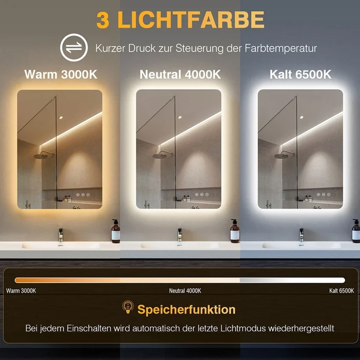 PESENXAN LED Badezimmerspiegel 100x60 cm, rechteckiger Wandspiegel mit Beleuchtung, 3 Lichtfarben, dimmbar, Anti-Beschlag, Memory-Funktion, Touch-Schalter, IP44, Schwarz – Bild 2