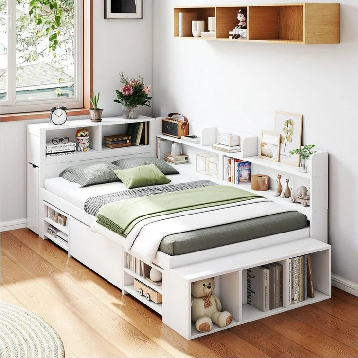 HAUSS SPOLE Holzbett 90x200cm mit Schubladen, Bücherregal, Stauschrank ohne Matratze, weiß (Multifunktionales Kinderbett, mit Lattenrost, ohne Matratze, 90*200cm), mit Schubladen, Bücherregal und Stauschrank – Bild 2