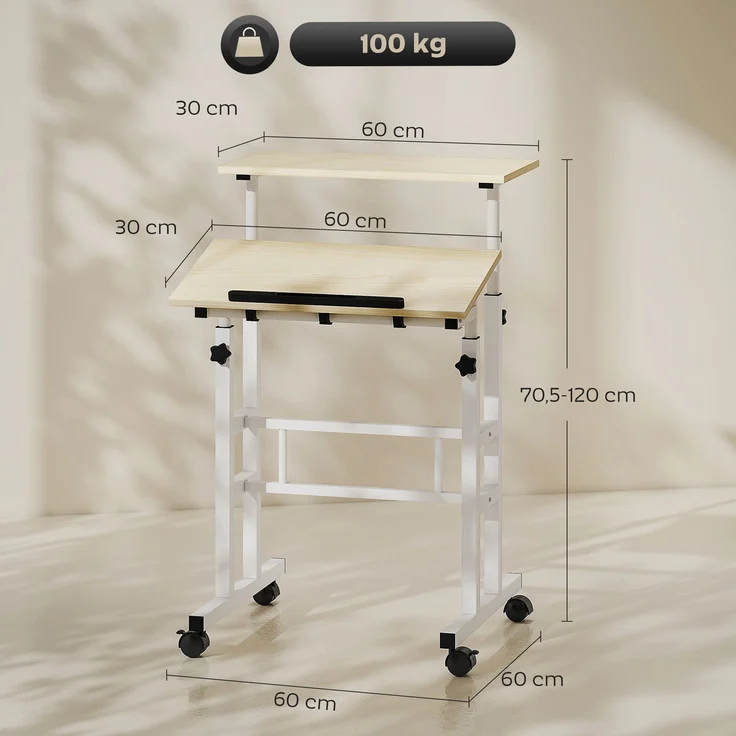 Steh-Sitz-Schreibtisch, höhenverstellbarer Schreibtisch, 60 x 60 cm, mit Rollen und neigbarer Tischplatte, Rahmen aus naturbelassenem Metall – Bild 5
