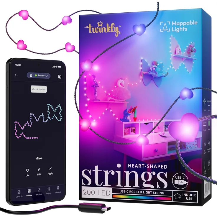 Twinkly Strings USB-C Hearts 200 LED, LED-Lichterkette in Herzform, RGB LED-Lichter Mehrfarbig, Kompatibel mit Alexa und Google Home, Weihnachtsdeko, Stromversorgung USB-C, Grünes Kabel, 12m