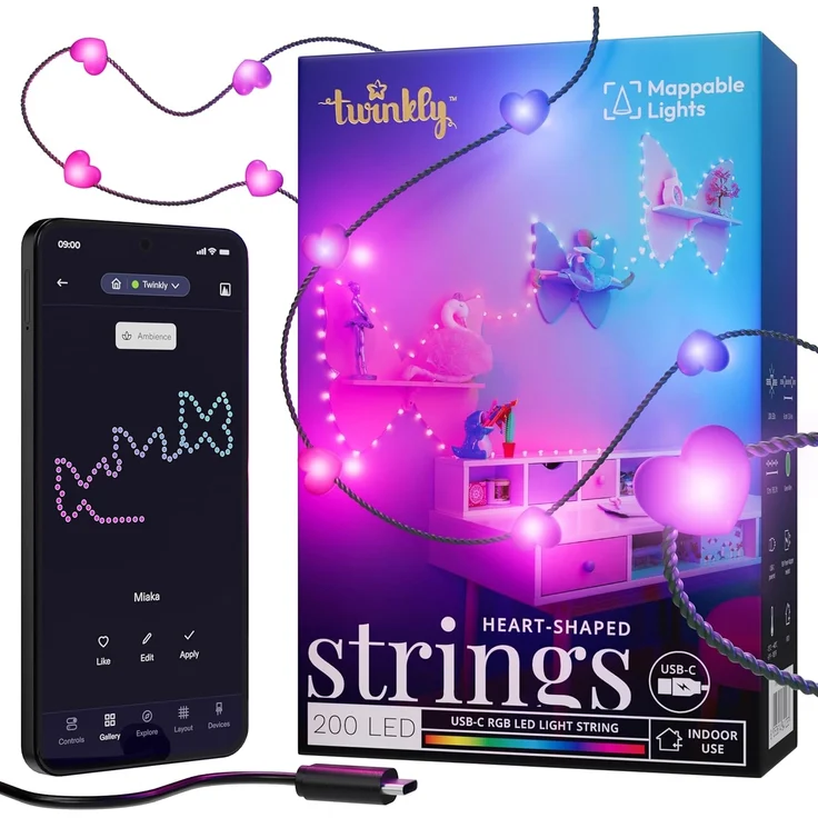 Twinkly Strings USB-C Hearts 200 LED, LED-Lichterkette in Herzform, RGB LED-Lichter Mehrfarbig, Kompatibel mit Alexa und Google Home, Weihnachtsdeko, Stromversorgung USB-C, Grünes Kabel, 12m – Bild 1
