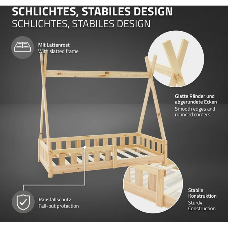 ML-DESIGN Spielbett Hausbett Tipi Zeltbett inkl. Lattenrost Bodenbett Kinder Himmelbett, Abenteuerbett mit Rausfallschutz Zelt Bett Kiefer Kinderhaus Natur – Bild 4