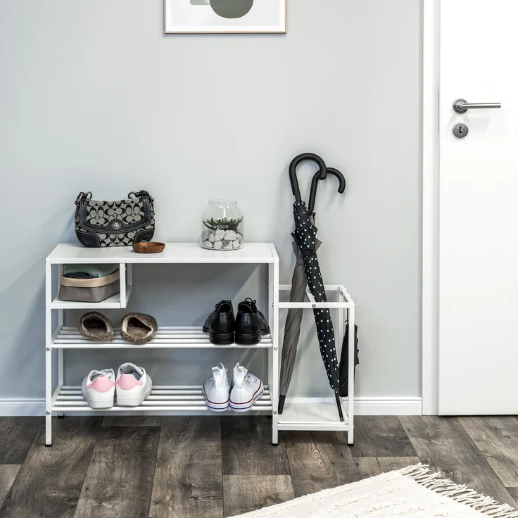 Schuhregal für ca. 6 Paar Schuhe, 4 Ablagen und Schirmständer, weiß – Bild 8