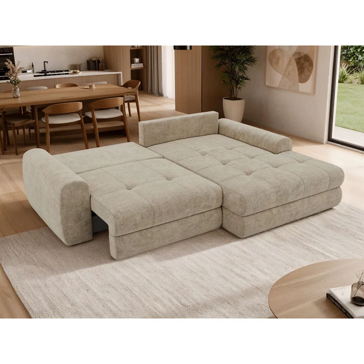Sofa L-Form ARELIA L mit Schlaffunktion, Wohnzimmer Sofa, Wellenfederung, Sofa mit DL-System - Schenille grob gewebt Beige - Links – Bild 5