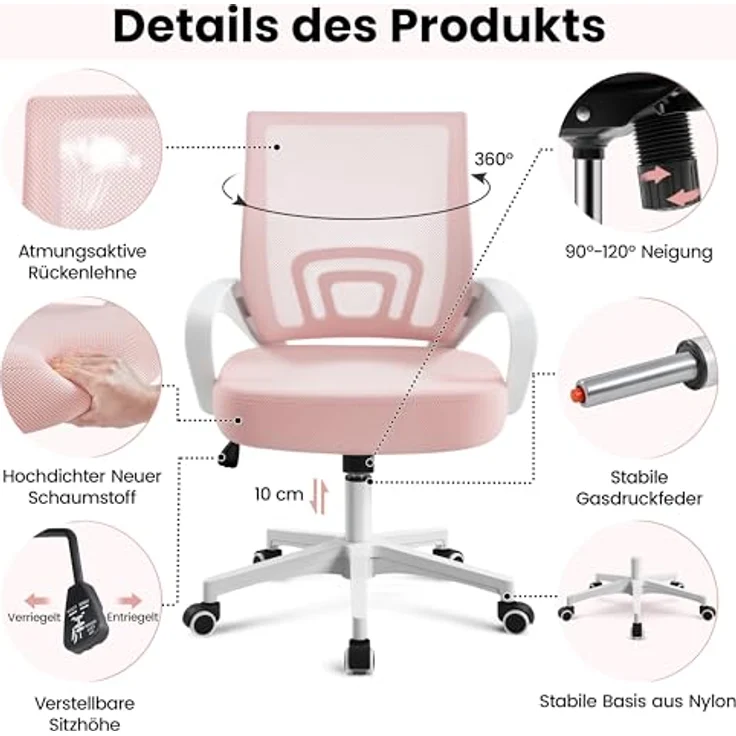 Yaheetech Bürostuhl Ergonomisch, Schreibtischstuhl mit Netzbespannung und Armlehnen, Drehstuhl aus Mesh, Chefsessel Wippfunktion, Höhenverstellbar Rückenschonend bis 136kg Belastbar, Rosa – Bild 6