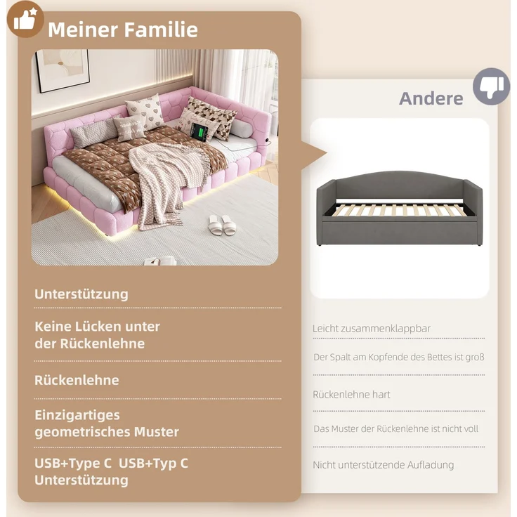 CHICFURN Bett aus Vliesimitat in Rosa 90x200 cm mit LED-Beleuchtung und USB- und Type-C-Anschlüssen – Bild 4