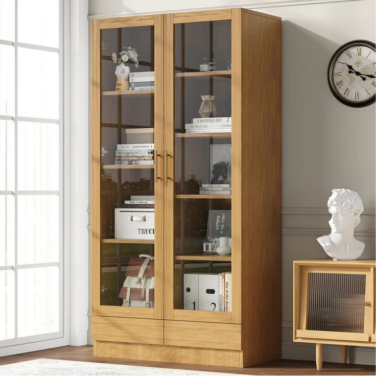 Flieks Glasvitrine Bücherregal mit 2 Glastüren und Schubladen (80x40x160 cm, 1-St) Hochschrank Aktenschrank Mehrzweckschrank mit 9 Fächern Holzoptik – Bild 3