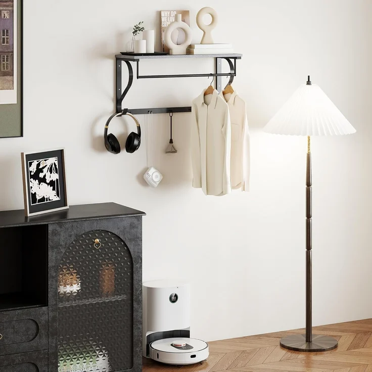HOMCOM Garderobenleiste mit Ablage, 5 Haken und Stange (Wandgarderobe, 1 St, Wandregal), für Flur, Wohnzimmer, Schlafzimmer, Badezimmer Grau – Bild 7