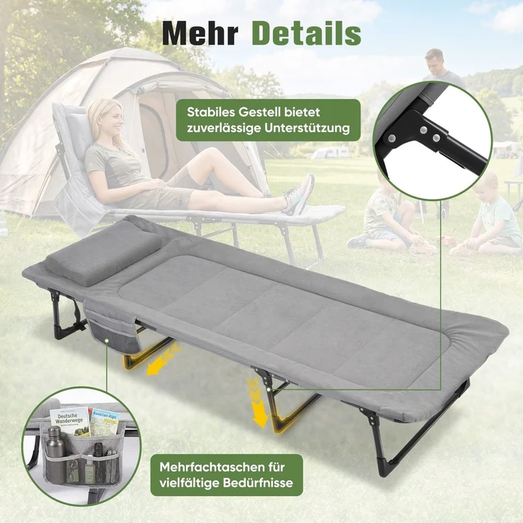 Sekey Feldbett Verstellbar Campingbett Klappbar Gästebett mit Matratze und Kissen, 193 x 70 x 29 cm, Grau – Bild 4