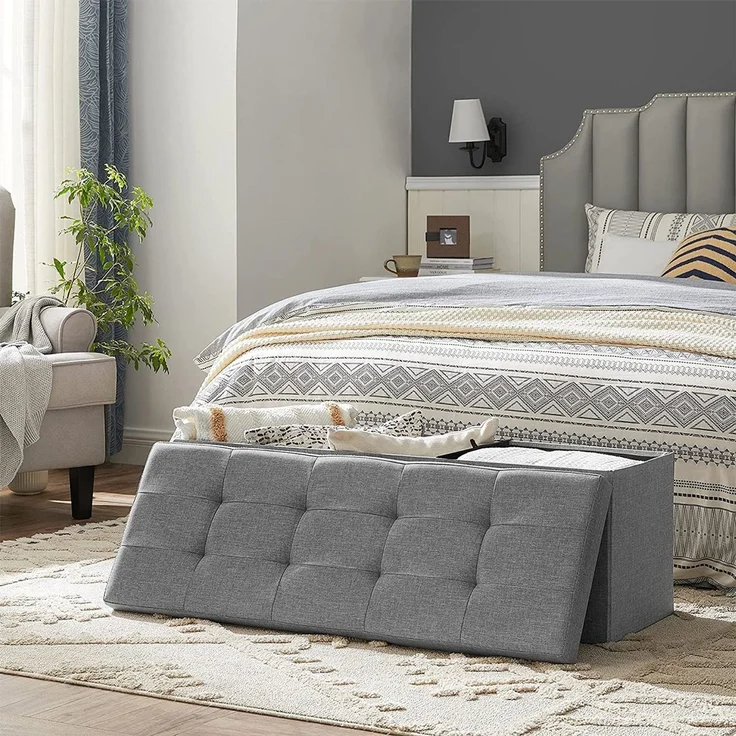 Sitzbank, 110 cm lang, Sitztruhe mit 120 L Stauraum, belastbar bis 300 kg, aus Leinen, hellgrau LSF77G – Bild 3