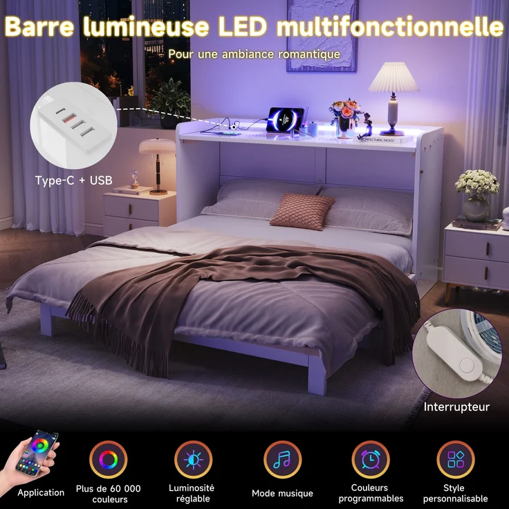 ZUBALIYA Umbaubares Plattformbett / Schrankbett, mit USB und Steckdose und Hochglanzplatte, 140 x 200 cm, Weiß, fürs Schlafzimmer, mit Schubladen, mit Stauraum, mit LED, Samt – Bild 16