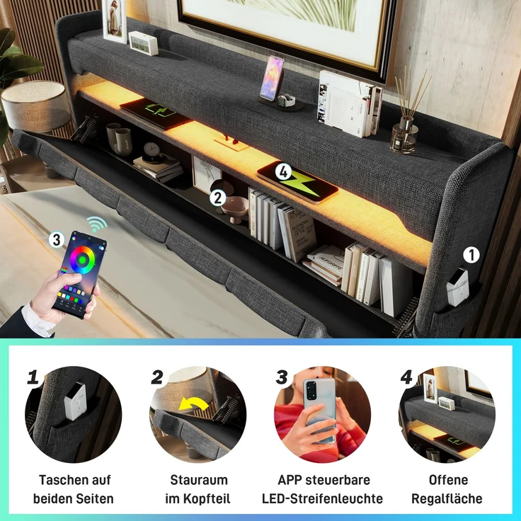 Polsterbett Betten mit Hydraulisch Stauraum, USB und Typ C-Port, LED-Funktion,Grau,140*200cm,ohne Matratze – Bild 4