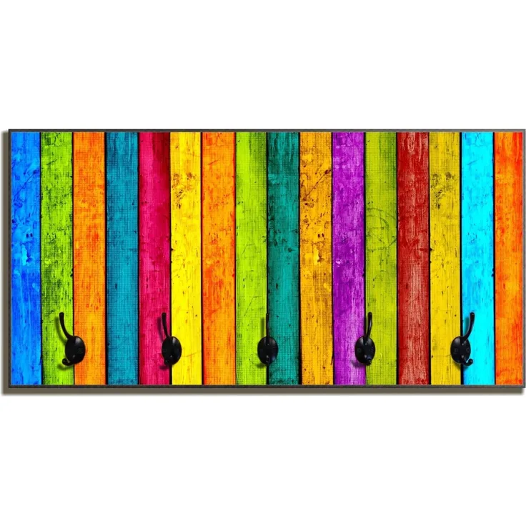 Wallario Garderobenpaneel Buntes Holz - bunte Streifen mit Farbe und Holzstruktur (1-teilig, inkl. Haken), 80x40cmHolz