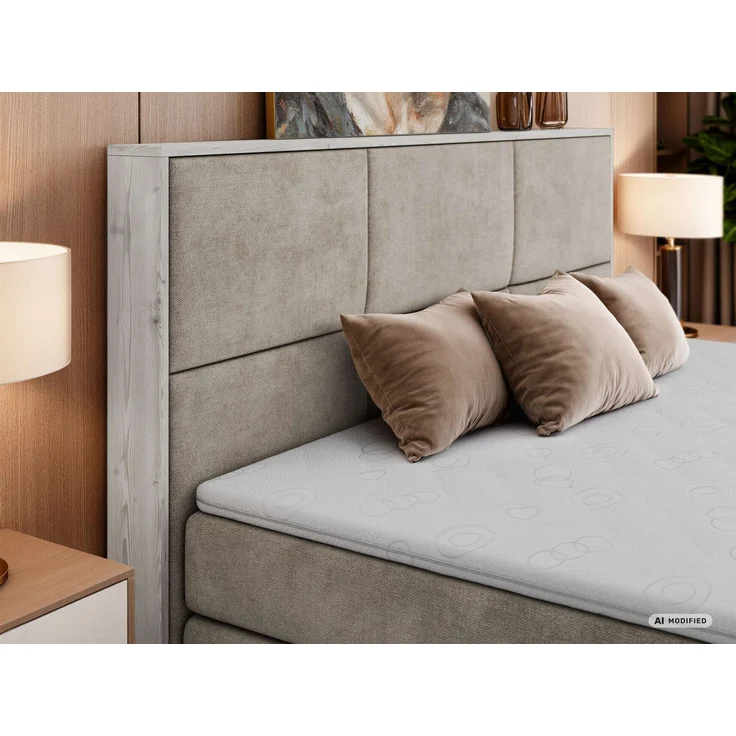 Boxspringbett DELNOR KING 200 x 200 cm Doppelbett mit Bettkasten Kopfteil 7-Zonen Multipocket-Matratze H3 Topper Visco ergonomisch Polsterbett - Beige Stukture – Bild 5