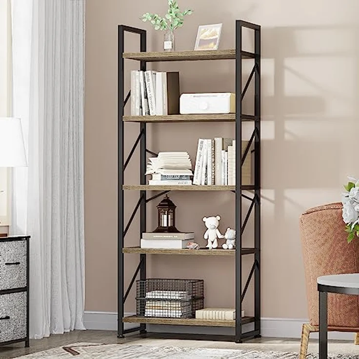 YITAHOME Bücherregal mit 5 Ebenen, Industrielles Standregal Aufbewahrungsregale für Wohnzimmer Bücher Schlafzimmer Büro Küche Zeitschriften, Grau – Bild 2