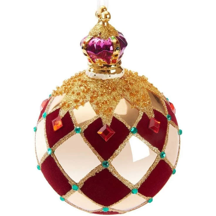 BRUBAKER Weihnachtsbaumkugel Premium Weihnachtskugel "Royal King" - Königliche Baumkugel Gold Rot (1 St), Kariert mit Samt, Glitzer und Krone - 14 cm große Baumkugel aus Glas – Bild 5