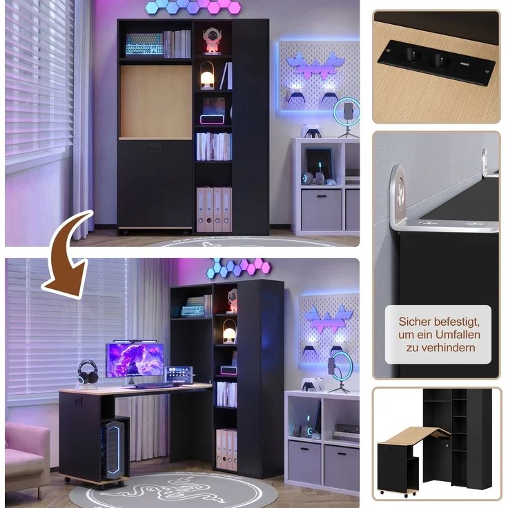 Klappbarer Schreibtisch mit Ablagen –2-in-1-Bücherregal und Schreibtisch, klappbar, mit Steckdose und USB-Anschluss, höhenverstellbare Ablagen, Kippschutz, Schreibtisch,Eck-Schreibtisch-rechts – Bild 5