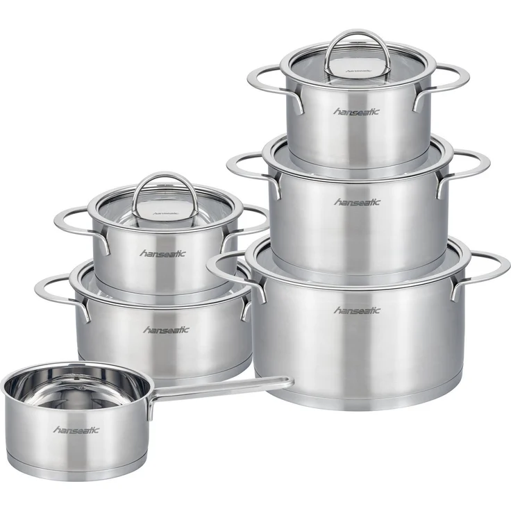 Hanseatic Topf-Set hanseatic, Edelstahl 18/10 (Set, 11-tlg, Fleischtopf 16/20/24 cm, Bratentopf 16/20 cm, Stielkasserolle 16 cm), handfreundliche Kaltmetallgriffe, Literskala, Glasdeckel, Induktion – Bild 5
