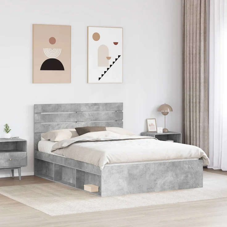 vidaXL Bettrahmen mit Kopfteil Beton 140 x 200 cm Massives Kiefernholz 3411410 – Bild 2