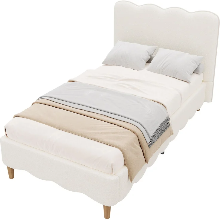 Merax Polsterbett, Einzelbett, Kinderbett 90 x 200cm, Bett mit Lattenrost und Kopfteil, Bettbeine aus Massivholz, gepolstertes Kopfteil, bouclé, Weiß – Bild 10