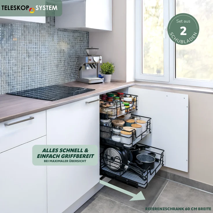 Teleskopschubladen 2er Set - für 45 cm Schrank mit Einlegeboden, aus Metall, (Schwarz) – Bild 2
