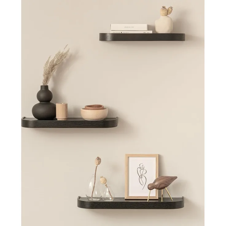 Kazai.® Wandregal-Set 'Toke' | 3 Hängeregale in Echtholz-Veneer | Schwebendes Holzregal als Wanddeko und Ablage für Bad, Wohnzimmer, Küche, Schlafzimmer und mehr | Eiche, schwarz