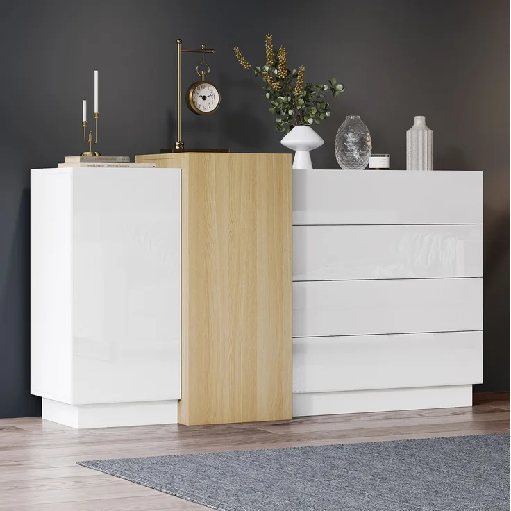 DESVIAE Sideboard mit 4 Schubladen und 2 Türen, 140x76,5x35 cm, MDF, Weiß hochglänzend