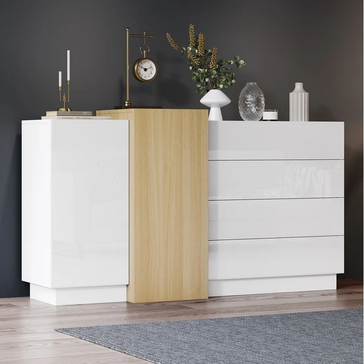 DESVIAE Sideboard mit 4 Schubladen und 2 Türen, 140x76,5x35 cm, MDF, Weiß hochglänzend – Bild 1