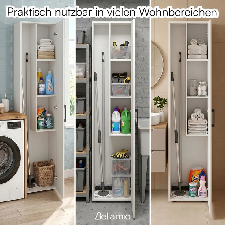 Bellamio 'Apol' Mehrzweckschrank schmal, weiß, 176x33x40 cm, Besenschrank mit Staubsaugerfach und 3 kleinen Fächern – Bild 7