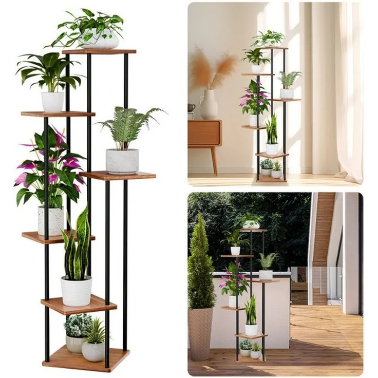 MULISOFT Blumenständer Pflanzenständer indoor 6 Etagen Pflanzenregal Blumentreppe (Metall Holz), Balkon Deko Schlafzimmer Blumentopf Zimmerpflanzen Pflanztisch – Bild 4