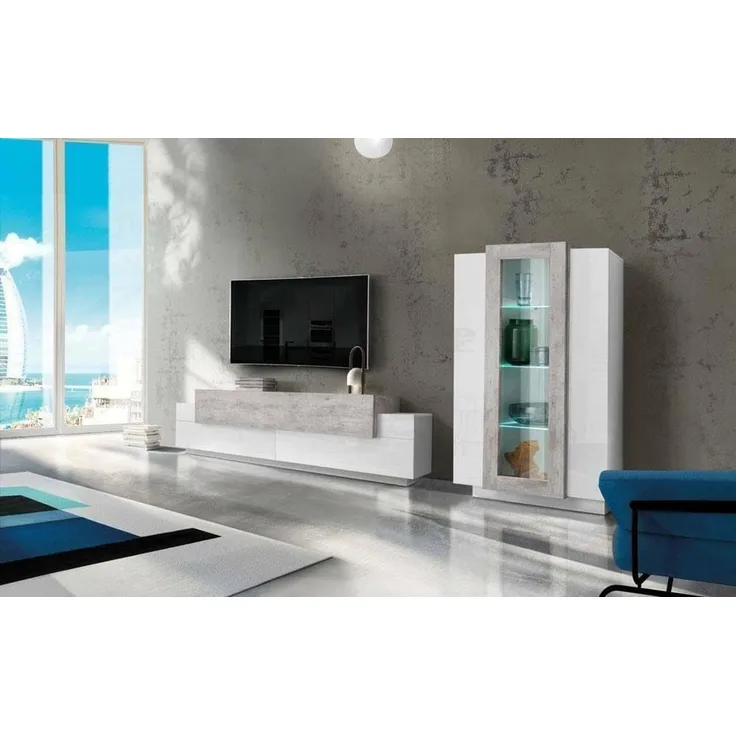 Dmora Modulare Wohnwand, Made in Italy, mit weißem LED-Licht, TV-Ständer und Vitrine, Modernes Wohnzimmer-Set, 290x45h121 cm, Weiß glänzend und Zementfarbe