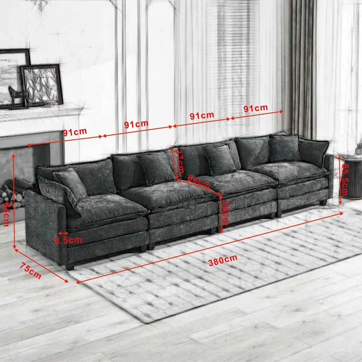 ZUBALIYA Sofa mit LED - Beleuchtung, mit Chenille - Bezug, mit Cordbezug, modular aufgebaut, aus Chenille, Beige – Bild 5