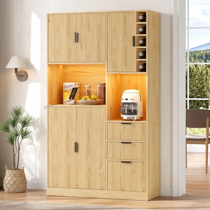EINHOM Küchenschrank, Moderner hoher Aufbewahrungs- und Weinschrank mit verstellbaren Einlegeböden, 3 Schubladen, Weinregal, Farbwechselnder LED-Beleuchtung und Steckdosen, 180 x 105 x 40 cm, Natur