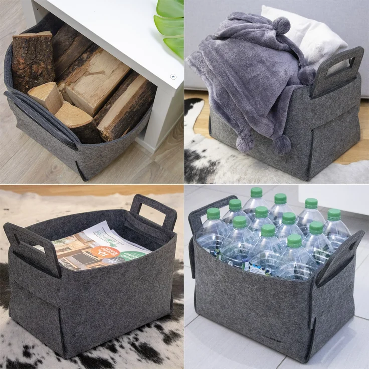 Filz Aufbewahrungskorb 37x24x37cm 25L Holz Kaminholzkorb Grau – Bild 2