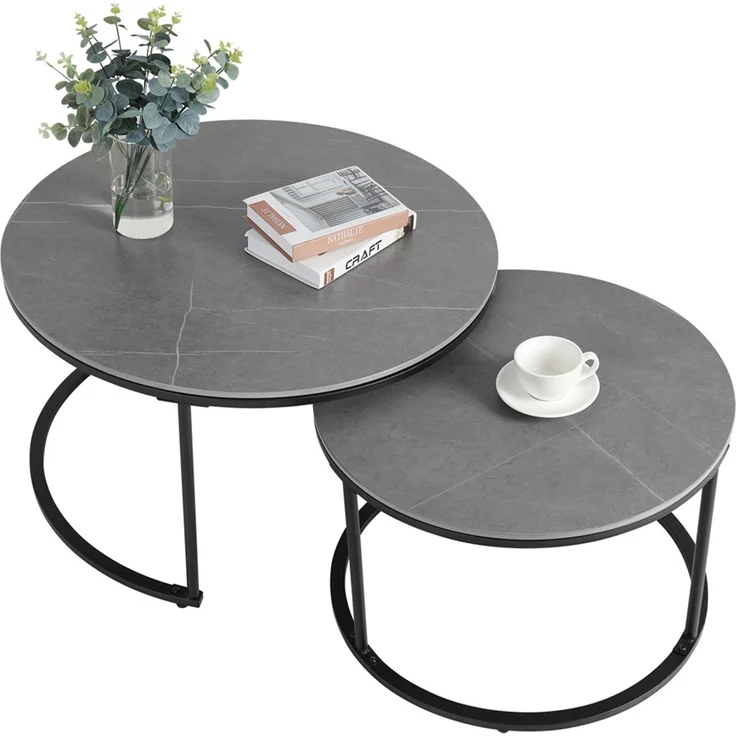 FATIVO 2er Couchtisch Set Rund Wohnzimmertisch aus Sinterstein Beistelltisch Sofatisch Metall 80x80x45cm Grau – Bild 10