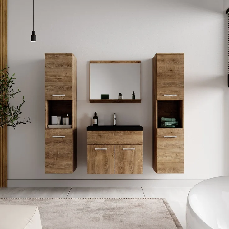 Badplaats Badmöbel Komplettset Montreal XL 60x35 cm Braun Eiche - Badezimmermöbel mit Schwarze Waschbecken, Spiegel und 2 Badezimmerschränke – Bild 3