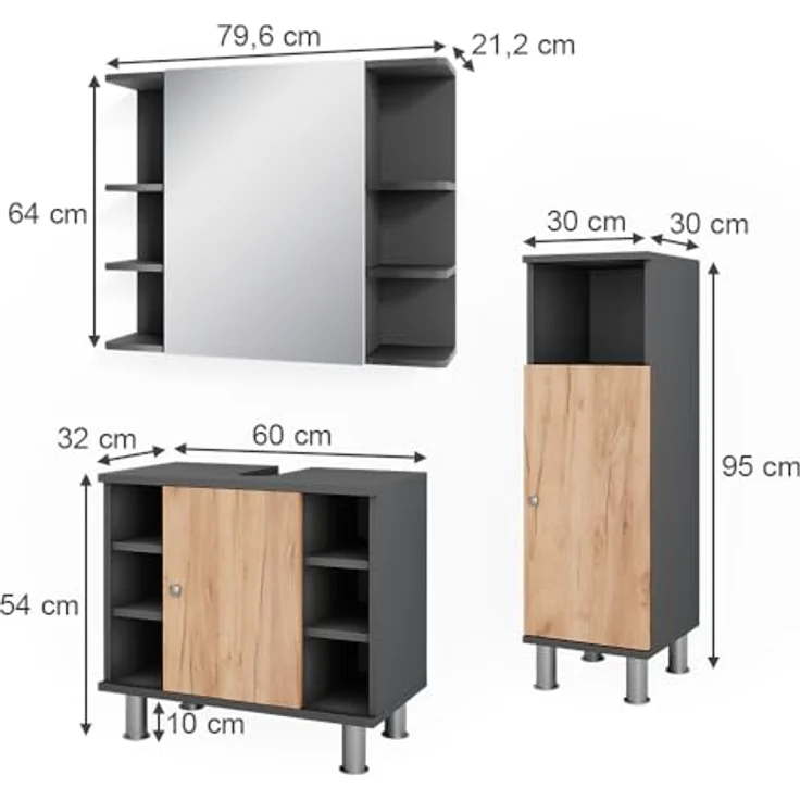 Vichy Badmöbelset Fynn, 3-teiliges Badspiegelschrank-Set mit Midischrank, Anthrazit/Goldkraft Eiche, umfangreicher Stauraum – Bild 3