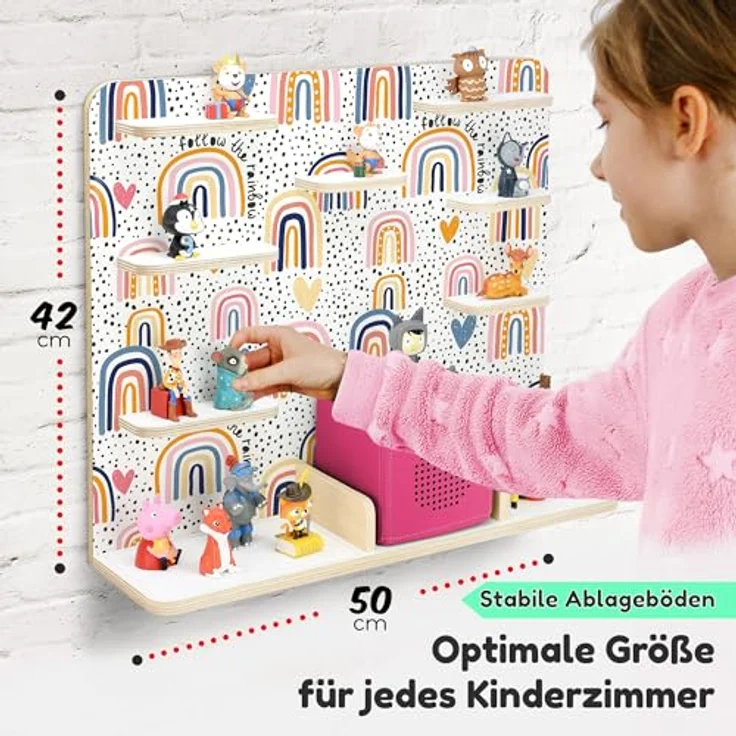 stadtecken Holzregal für Musikbox I Geeignet für die Toniebox und ca. 50 Tonies I Perfekte Tonie Aufbewahrung im Kinderzimmer I Zum Aufstellen oder Aufhängen I Follow The Rainbow, groß – Bild 3