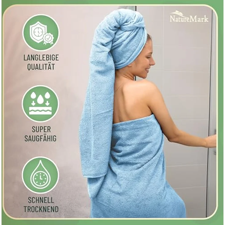 Green Mark Handtuch-Set mit 10 Teilen – 100% Baumwolle – 4 Handtücher 50×100 cm, 2 große Duschtücher 70×140 cm, 2 Gästetücher 30×50 cm und 2 Waschhandschuhe – Hellblau – Bild 5