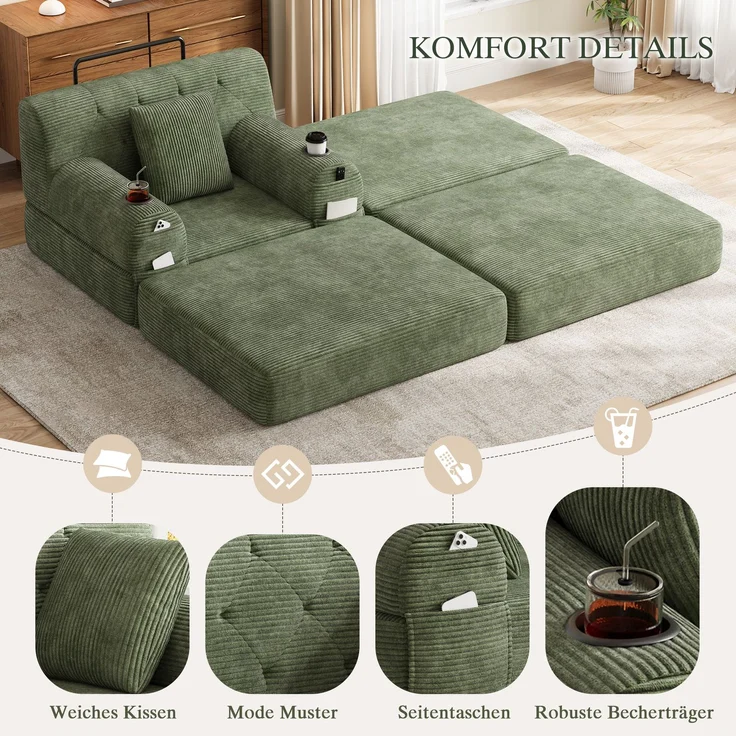 Cord-Schlafsessel mit Hocker mit hoher Rückenlehne, 2 Getränkehaltern und 4 Seitentaschen, dicht gepolstert mit Metallrahmen ohne Montage, Grün – Bild 5
