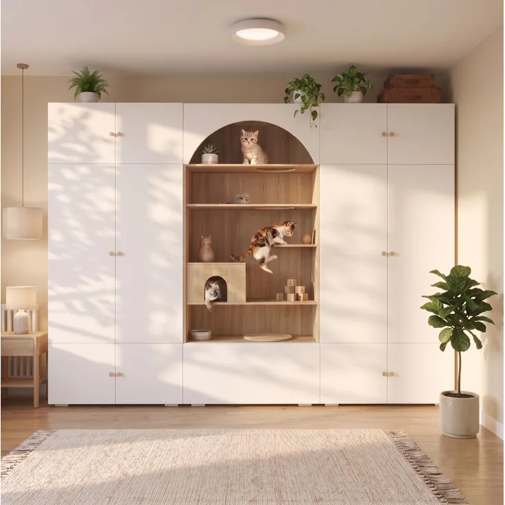 Garderoben-Set 270x50x200 cm mit Kleiderstange, 12 Staufächern und Katzenkletterwand