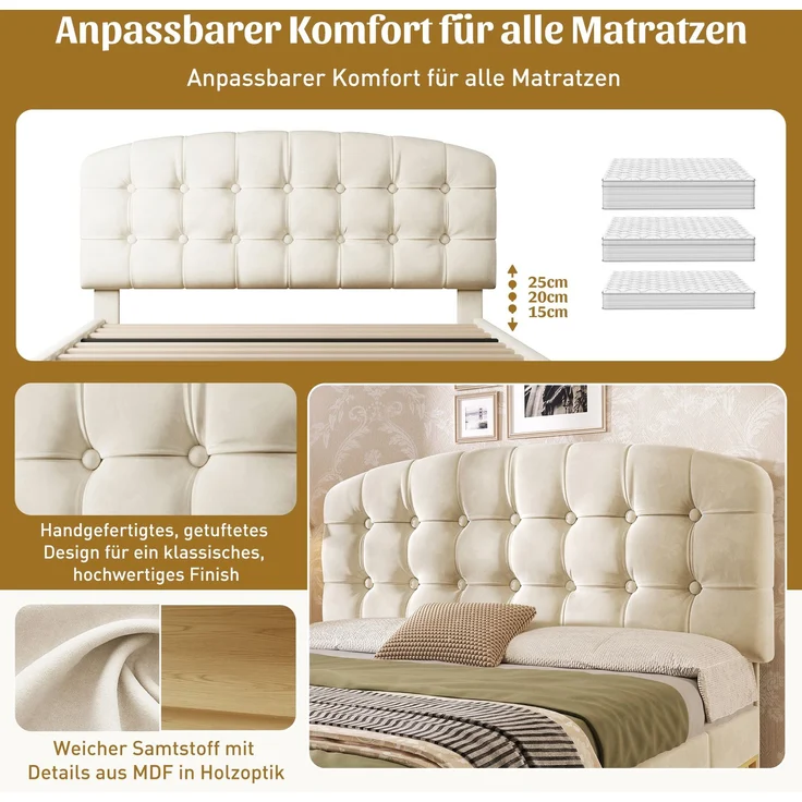 Merax Doppelbett 140x190 cm, Polsterbett mit Lattenrost, Bettgestell mit gebogenem höhenverstellbarem Kopfteil, Bett mit Schubladen und Stauraum, Samt, Beige – Bild 5