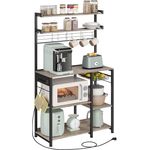 Vasagle Küchenregal, Standregal mit Steckdosen, Mikrowellen-Regal, kaffeebar, Bäckerregal, 8 S-Haken, mit Korb, Gewürzregal, greige meliert-tintenschwarz KKS031K12