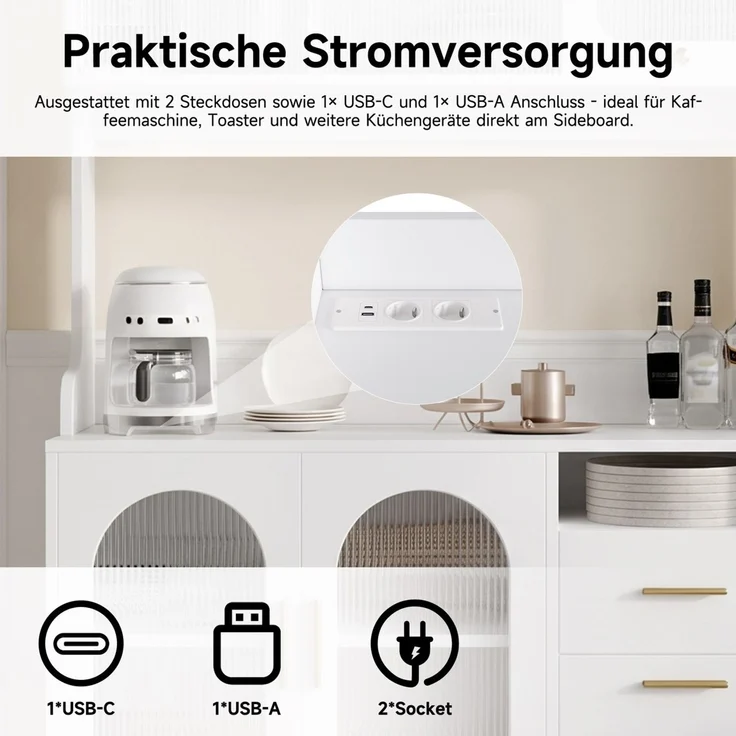 Buffetschränke, Esszimmer-Hochschrank 120*40*178 cm, mehrstufigem Stauraum, integrierter Steckdose sowie USB-C- und USB-A-Anschlüssen, Weiß--Weiß--120x40x178cm--YOUDENOVA – Bild 7