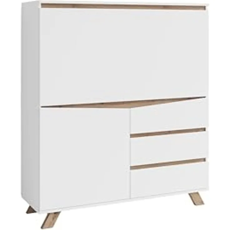 byLIVING Sekretär VALENTIN / Sekretär matt weiß mit Absetzung in Eiche-Optik / Office-Schrank mit 1 Tür und 3 Schubkästen / Scandi-Style / Grifflos / B 120, H 127, T 38 cm