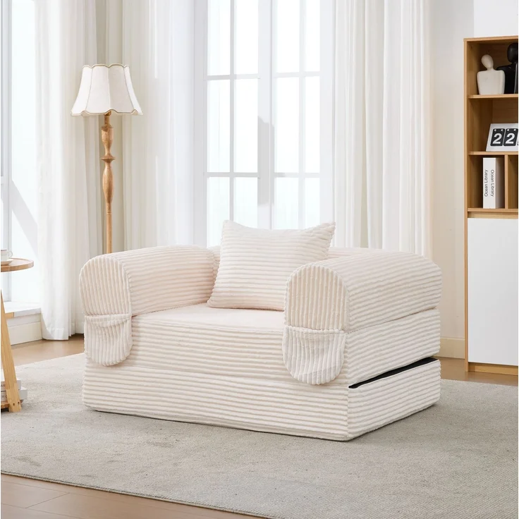 Schlafsofa, Cord, klappbar, 2-in-1-Funktion & platzsparend, 120x85x65 cm, Beige – Bild 4